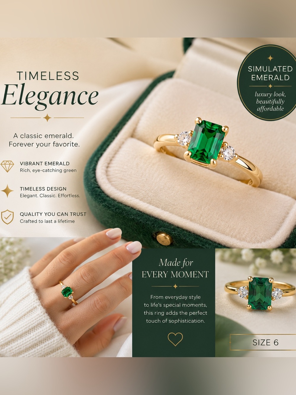 Simulated Emerald-Center Gold Ring with Clear Side Stones